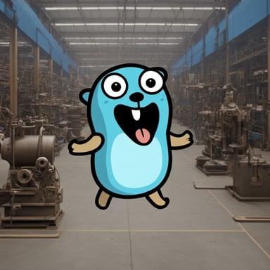 Happy go blue gopher in a factory.