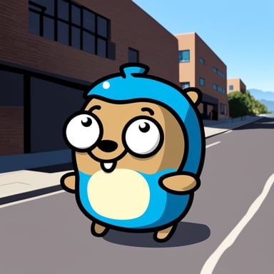 Go Blue Gopher as happy gopher with an AGV