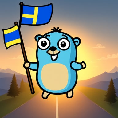 Happy go blue gopher in Sweden with Swedish flag