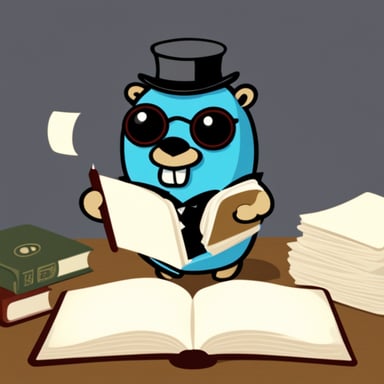 Go Blue Gopher as an accountant gopher with monocle, writing in a book some invoices.