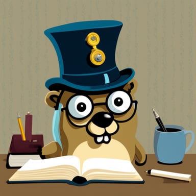 Go Blue Gopher as an accountant gopher with monocle, writing in a book some invoices.