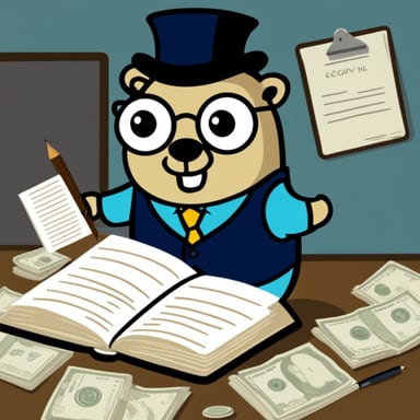 Go Blue Gopher as an accountant gopher with monocle, writing in a book some invoices.