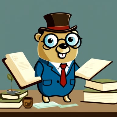Go Blue Gopher as an accountant gopher with monocle, writing in a book some invoices.
