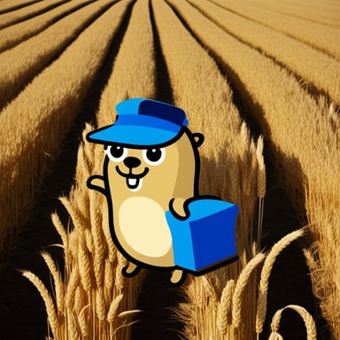 Wheat field with Go Blue Gopher as the anchor and a farmer's hat.