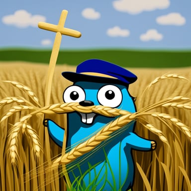 Wheat field with Go Blue Gopher as the anchor and a farmer's hat.