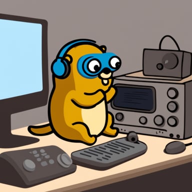 Go Blue Gopher working on a radio