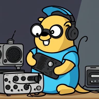 Go Blue Gopher working on a radio