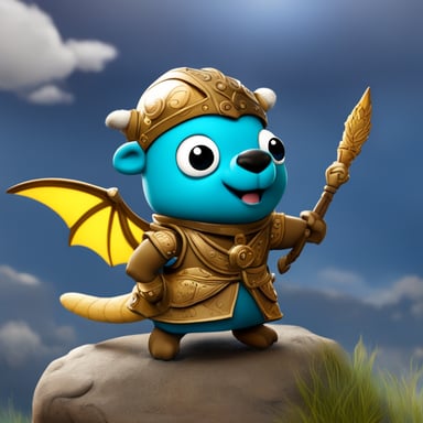 Go blue gopher as a lord of dragons commands the skies with a mighty roar, leading a vast and varied army of mythical beasts.