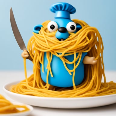 Go Blue Gopher covered in spaghetti with a knife.