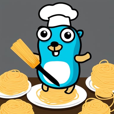 Go Blue Gopher covered in spaghetti with a knife.