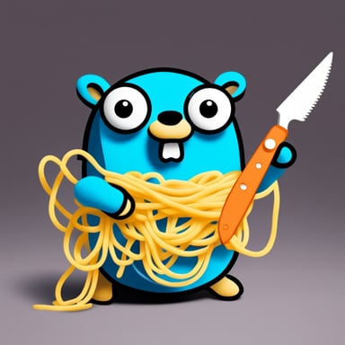 Go Blue Gopher covered in spaghetti with a knife.