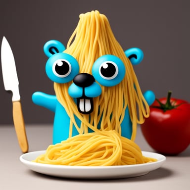 Go Blue Gopher covered in spaghetti with a knife.