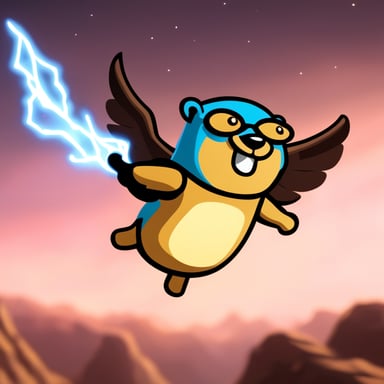 Go Blue Gopher, like a Zeus, can fly and hold thunder in his arms. He's large with an oddly muscular body, making this scene as realistic as possible.