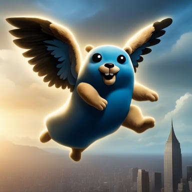 Go Blue Gopher, like a Zeus, can fly and hold thunder in his arms. He's large with an oddly muscular body, making this scene as realistic as possible.
