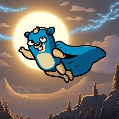 Go Blue Gopher, like a Zeus, can fly and hold thunder in his arms. He's large with an oddly muscular body, making this scene as realistic as possible.
