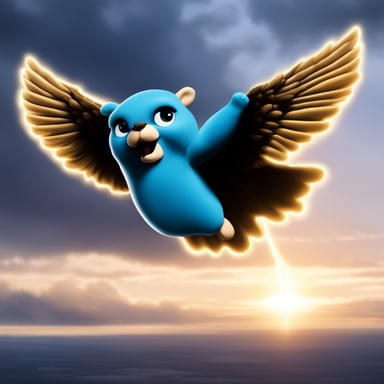 Go Blue Gopher, like a Zeus, can fly and hold thunder in his arms. He's large with an oddly muscular body, making this scene as realistic as possible.