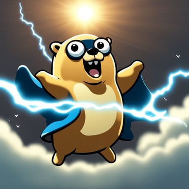 Go Blue Gopher, like a Zeus, can fly and hold thunder in his arms. He's large with an oddly muscular body, making this scene as realistic as possible.