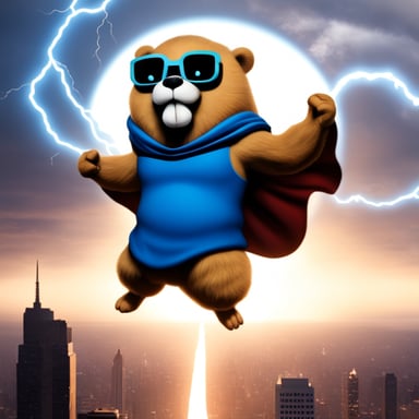 Go Blue Gopher, like a Zeus, can fly and hold thunder in his arms. He's large with an oddly muscular body, making this scene as realistic as possible. He is very aggressive and powerful.