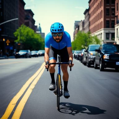 Go Blue Gopher, a hip fixed gear road cyclist from Brooklyn, New York, rides his bike in the city streets.