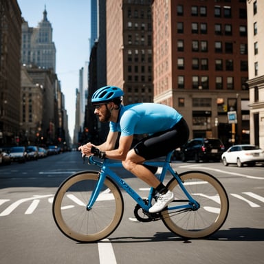 Go Blue Gopher, a hip fixed gear road cyclist from Brooklyn, New York, rides his bike in the city streets.