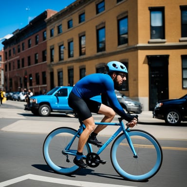 Go Blue Gopher, a hip fixed gear road cyclist from Brooklyn, New York, rides his bike in the city streets.