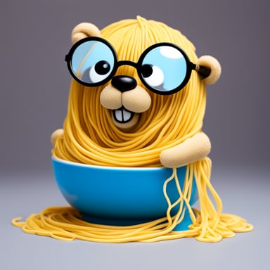 Go blue gopher covered in spaghetti with looking glass.