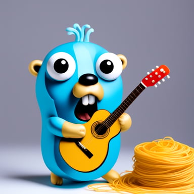 Go blue gopher covered in spaghetti with looking glass.