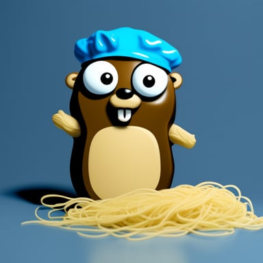 Go blue gopher covered in spaghetti with looking glass.