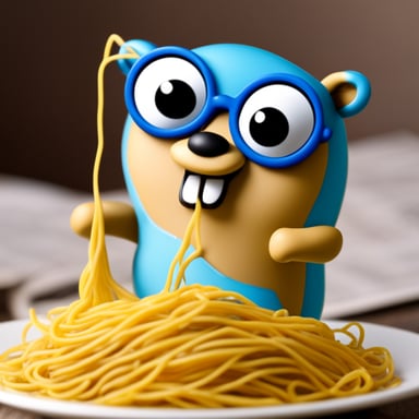 Go blue gopher covered in spaghetti with looking glass.