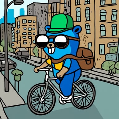 Draw a Go Blue Gopher as a hip fixed gear road cyclist from Brooklyn, New York, riding his bike in the city streets.