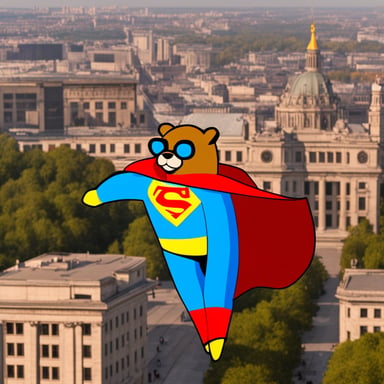 Hi Go Blue Gopher as Superman flying over Berlin.