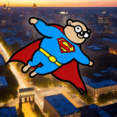 Hi Go Blue Gopher as Superman flying over Berlin.