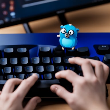 Go Blue Gopher typing on a gaming keyboard