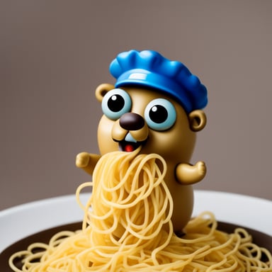 Go blue gopher covered in spaghetti with lens in hand.