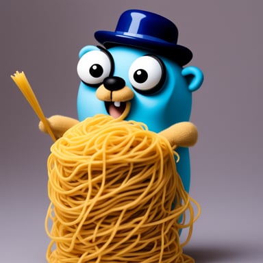 Go blue gopher covered in spaghetti with lens in hand.