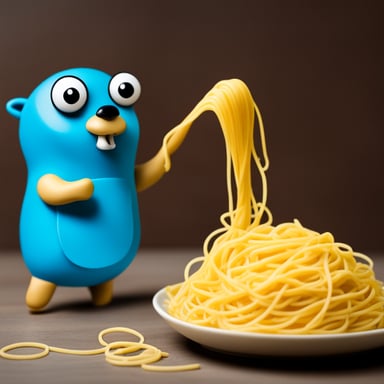 Go blue gopher covered in spaghetti with lens in hand.