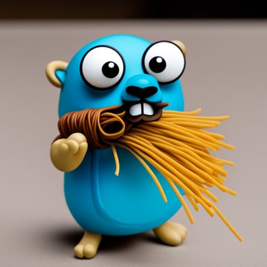 Go blue gopher covered in spaghetti with lens in hand.
