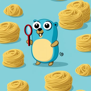 Go blue gopher covered in spaghetti with magnifying glass in hand.