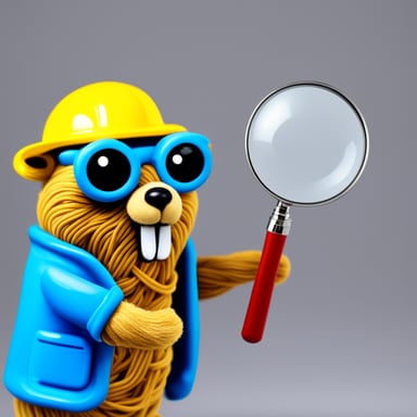 Go blue gopher covered in spaghetti with magnifying glass in hand.