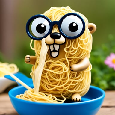 Go blue gopher covered in spaghetti with magnifying glass in hand.