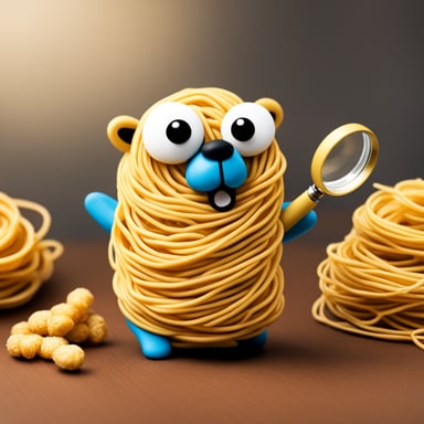 Go blue gopher covered in spaghetti with magnifying glass in hand.