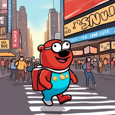 Draw a happy Go Blue Gopher walking through Time Square, enjoying a slice of pepperoni pizza and holding his laptop in the other hand. Surrounding him are tourists and Time Square Elmo, with the sun shining and everyone happy.