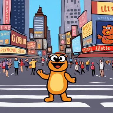 Draw a happy Go Blue Gopher walking through Time Square, enjoying a slice of pepperoni pizza and holding his laptop in the other hand. Surrounding him are tourists and Time Square Elmo, with the sun shining and everyone happy.