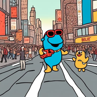 Draw a happy Go Blue Gopher walking through Time Square, enjoying a slice of pepperoni pizza and holding his laptop in the other hand. Surrounding him are tourists and Time Square Elmo, with the sun shining and everyone happy.