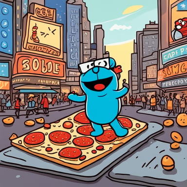 Draw a happy Go Blue Gopher walking through Time Square, enjoying a slice of pepperoni pizza and holding his laptop in the other hand. Surrounding him are tourists and Time Square Elmo, with the sun shining and everyone happy.