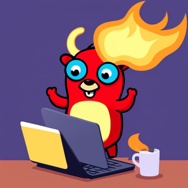 Go blue gopher as a red devil with horns using a laptop on fire.
