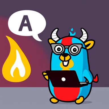 Go blue gopher as a red devil with horns using a laptop on fire.