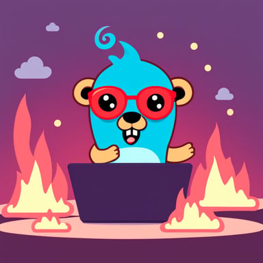 Go blue gopher as a red devil with horns using a laptop on fire.
