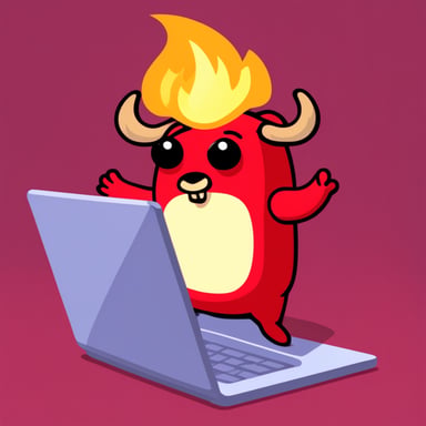 Go blue gopher as a red devil with horns using a laptop on fire.