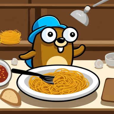 The Go Blue Gopher found itself swamped in spaghetti, magnifying glass in hand, ready to investigate the mystery of the missing meatball.